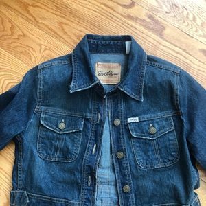 90’s vintage style Levi Strauss adjustable long flared jean jacket faux belt